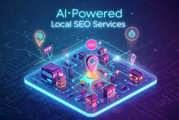 Sleek robotic woman with glowing AI elements representing AI-Powered Local SEO services by Md Momenul Islam