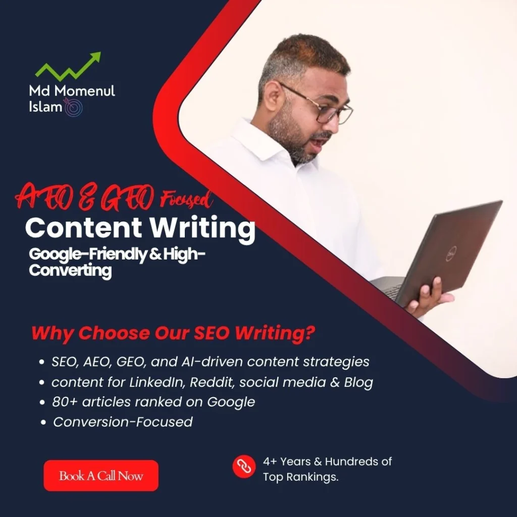 Professional SEO content writing services by Md Momenul Islam designed to improve Google rankings, traffic, and audience engagement