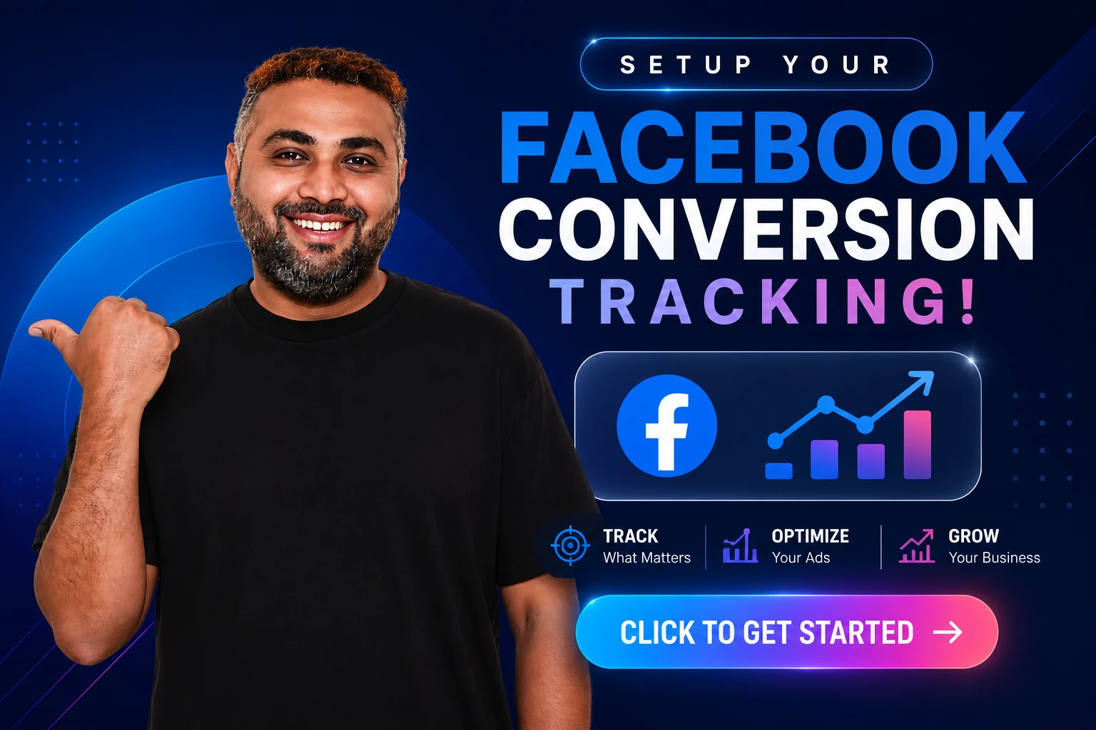 Digital marketing expert pointing toward a modern Facebook Conversion Tracking setup graphic with performance growth and conversion optimization elements.